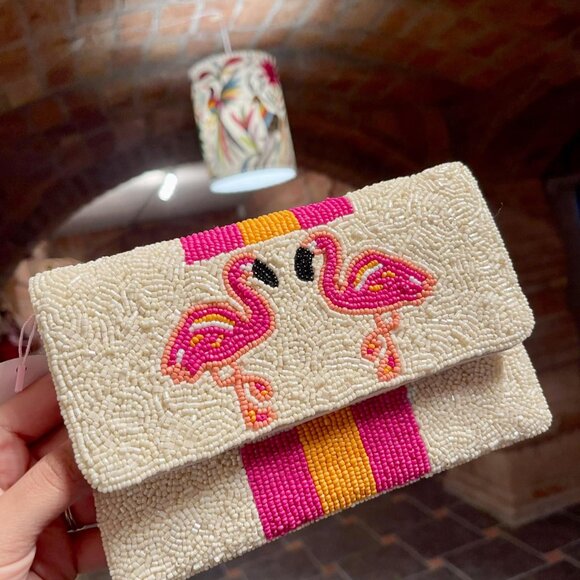 Pink Flamingo Bird Beaded Crossbody Chain Vacation Clutch Boho Handbag - Picture 6 of 6